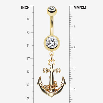 Detail View 1 of Golden Classic Anchor Belly Ring-Clear Gem